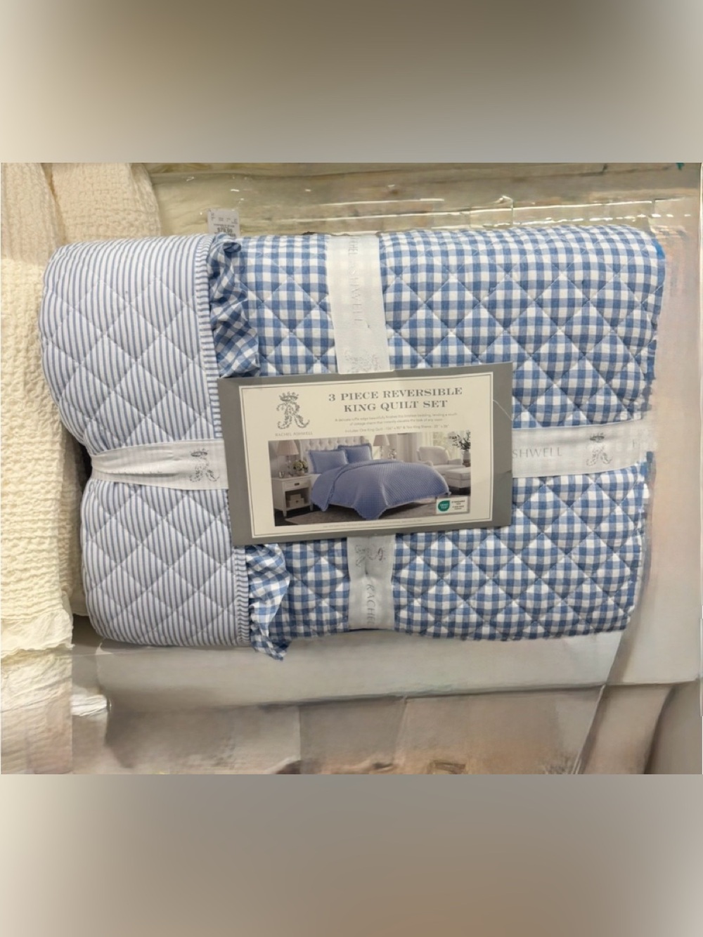 Rachel Ashwell King Reversible Quilt Set Blue/White Gingham, Pin Stripes &Ruffle